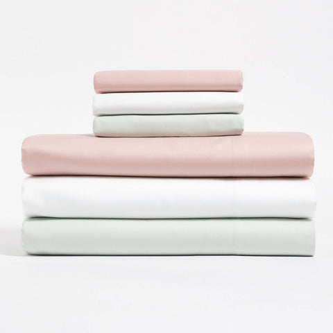 Tencel Cotton sheets sets available in white, mint green, salmon pink.